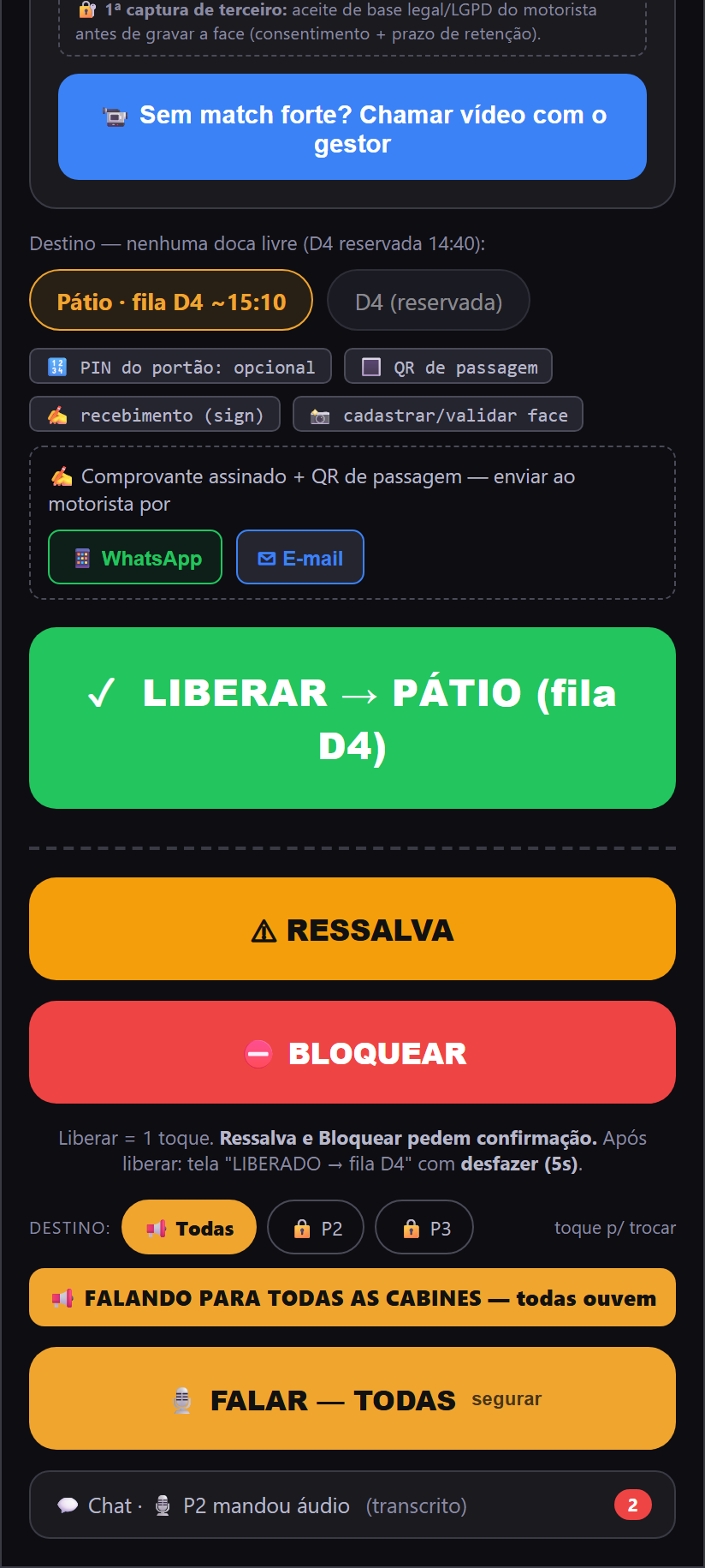 Liberar, ressalvar ou bloquear — e o walkie-talkie no rodapé — app do colaborador Controle de Acesso