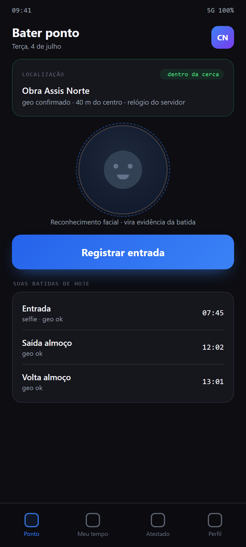 Bater ponto com selfie e geo, dentro da cerca da obra — app do colaborador Tempo & Afastamento