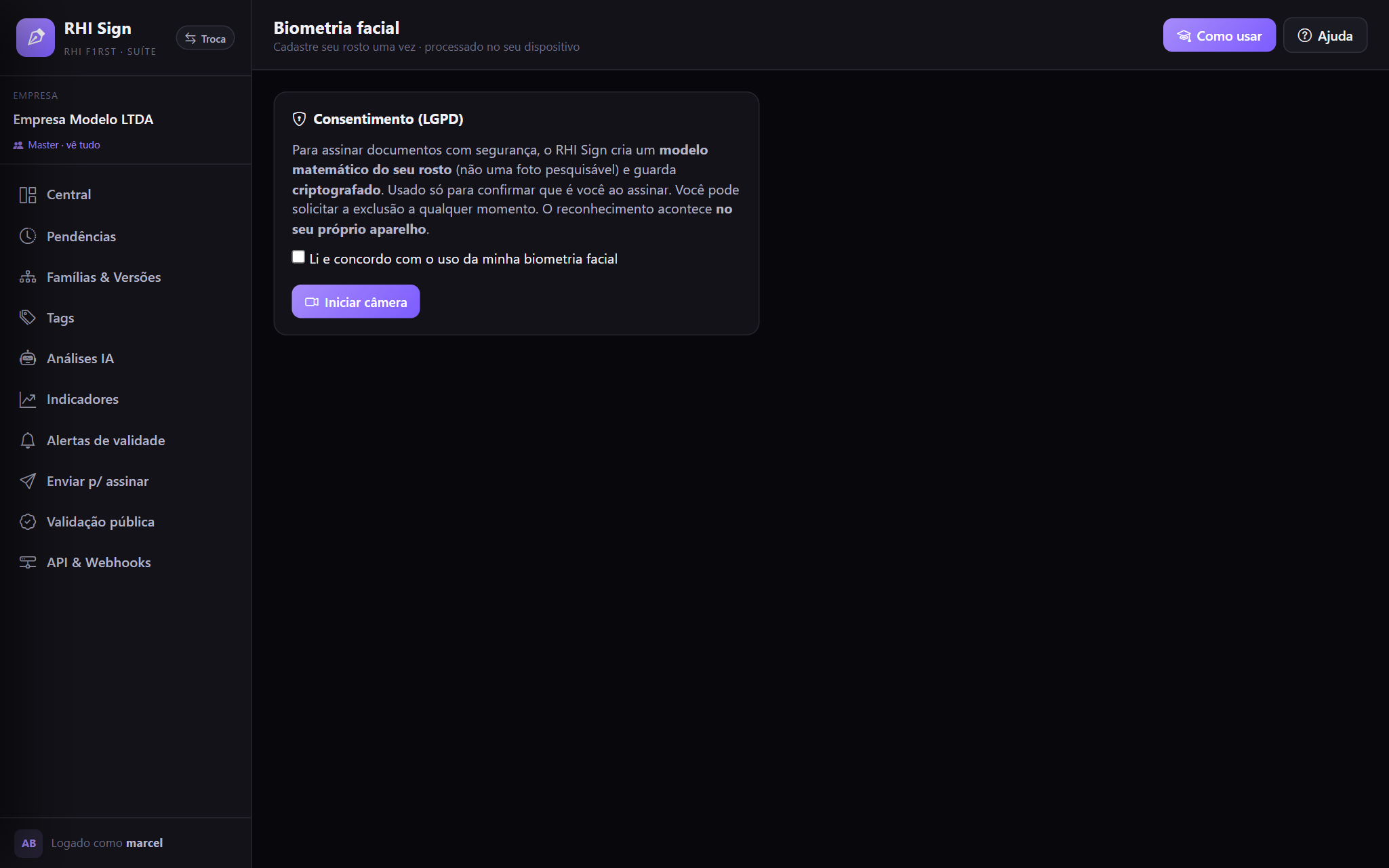 Tela 06 — Biometria facial: RHI Sign