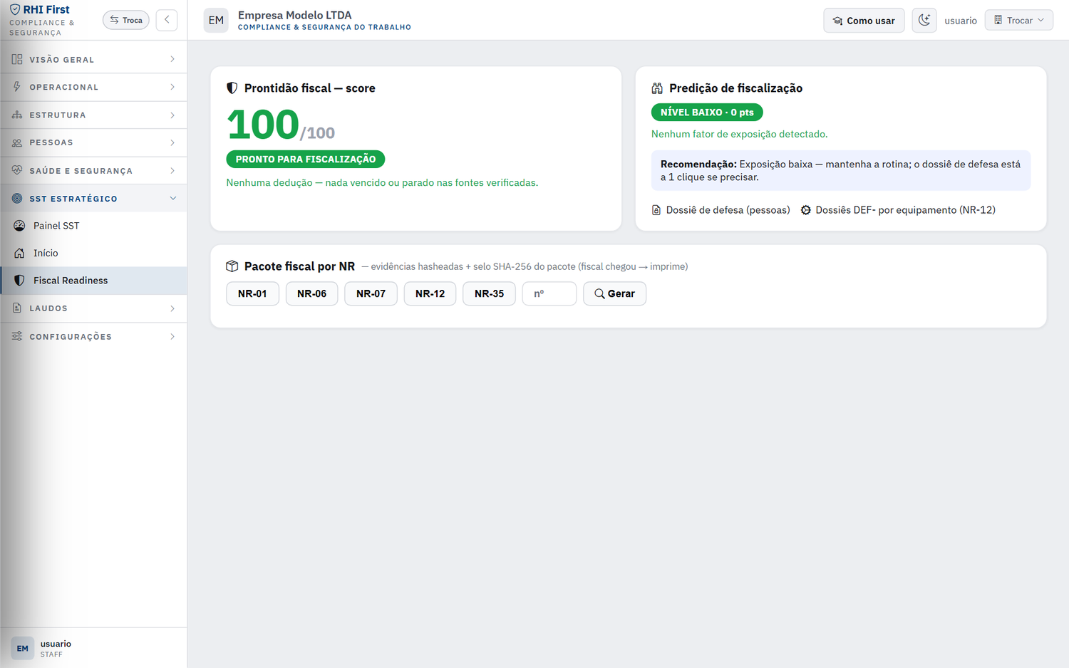 Tela real do sistema: Riscos 2.0 + Fiscal Readiness